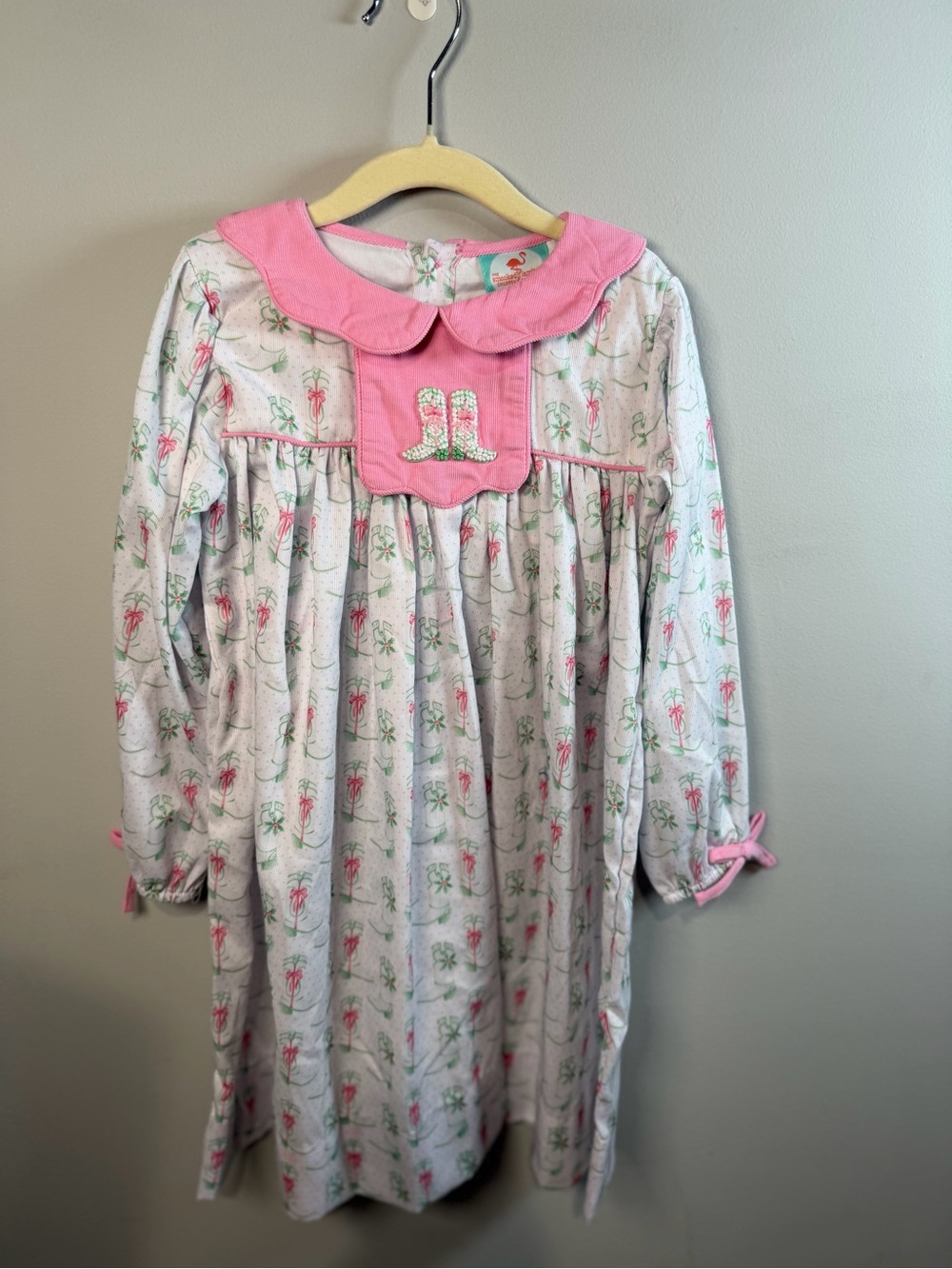 The Smocked Flamingo Pink & Green Christmas Cowgirl Boots Dress Size 6 NEW/NWT